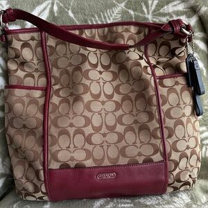 Coach Beige Signature Canvas Tote with Cherry Trim